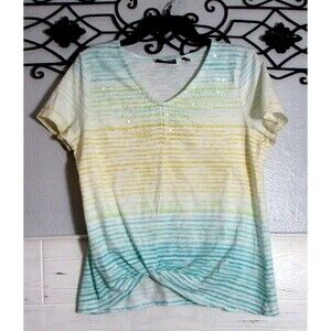 V-Neck Twist Front Striped Top in Pastel Yellow & Aqua